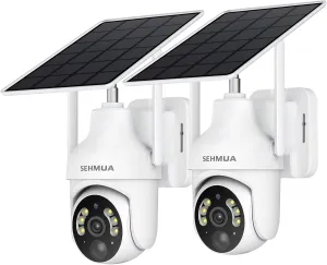 SEHMUA 2K Solar Security Cameras Wireless Outdoor, 2 Pack 360 View Pan/Tilt WiFi Security Camera Outside with Color Night Vision,Easy to Install, PIR Alarm, 2-Way Audio