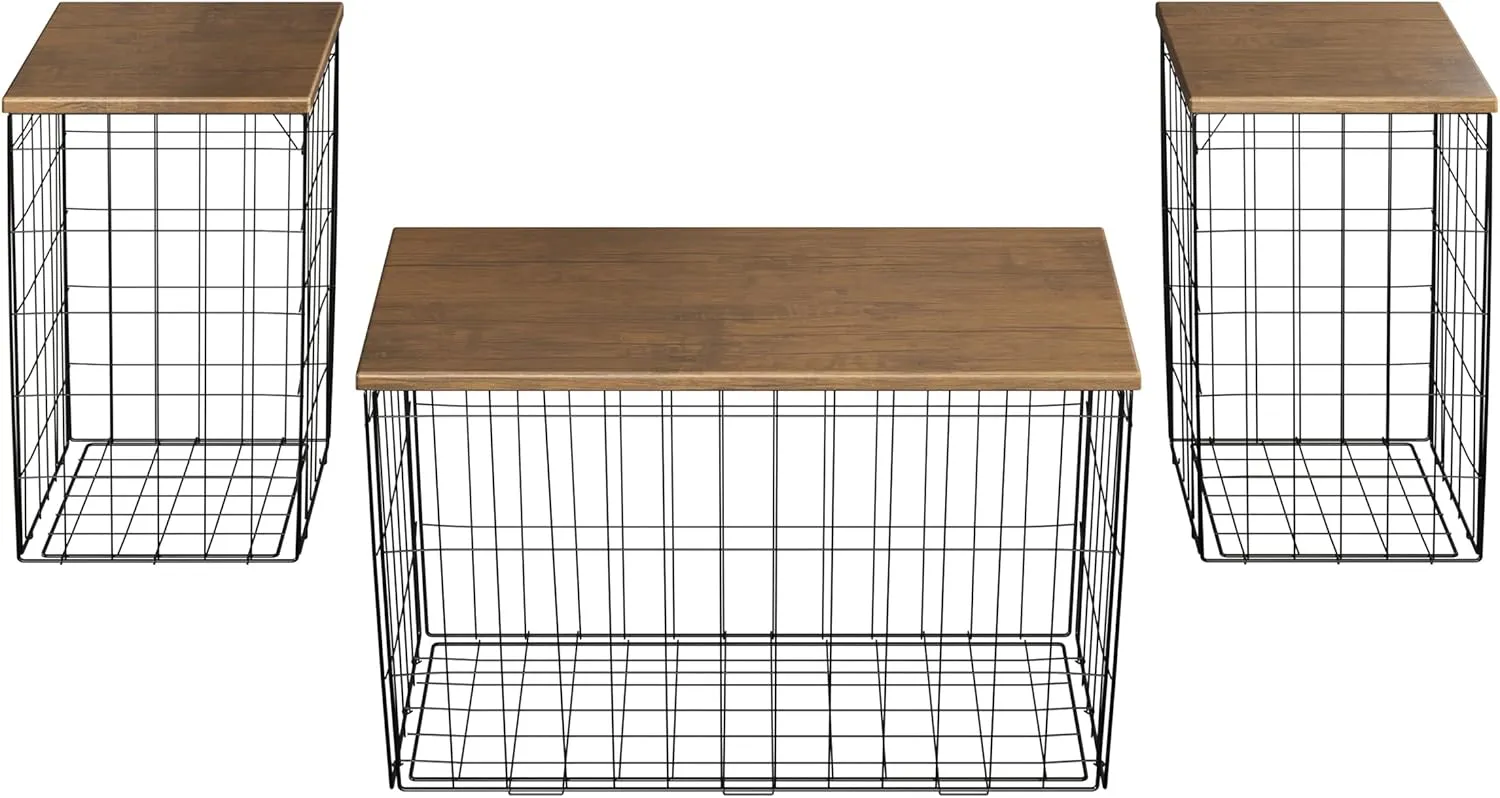 Set of 3 Living Room Tables - Metal Basket Storage with Removable Lids - 2 Small Side and 1 Large Accent Table by Lavish Home (Brown/Black)