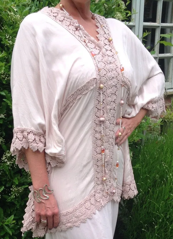 Sienna Lace Cotton Kimono in Pink Made In Italy By Feathers Of Italy One Size