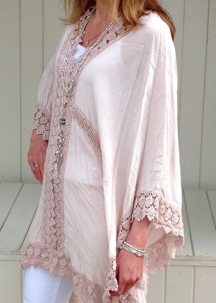 Sienna Lace Cotton Kimono in Pink Made In Italy By Feathers Of Italy One Size
