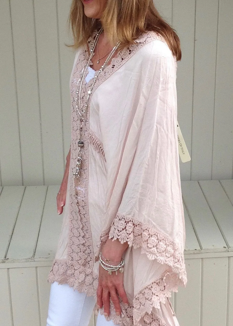 Sienna Lace Cotton Kimono in Pink Made In Italy By Feathers Of Italy One Size