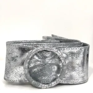 Silver Metallic Womens' Soft Silky Suede Leather Round Buckle 70mm Wide Dress Belt