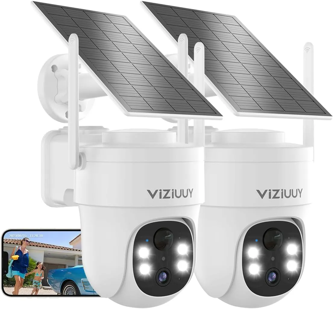 Solar Security Cameras Wireless Outdoor, 2 Pack 3MP Security Cameras Wireless Outdoor, Pan Tilt 360WiFi Camera with Color Night Vision/PIR Sensor/2-Way Audio/Alexa/Google Assistant