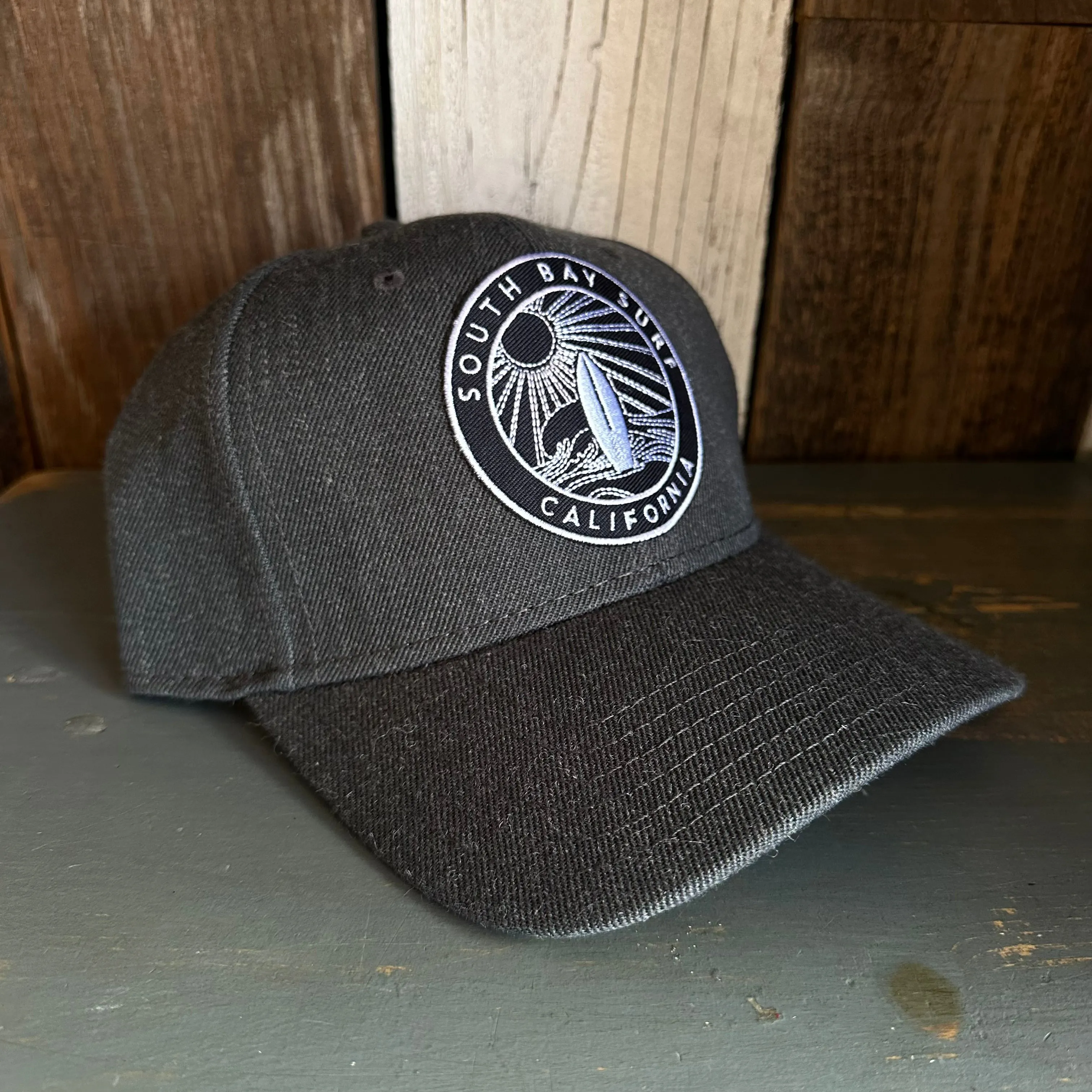 SOUTH BAY SURF (Navy Colored Patch) Premium 6-Panel Low Profile Snapback Hat - Heathered Black