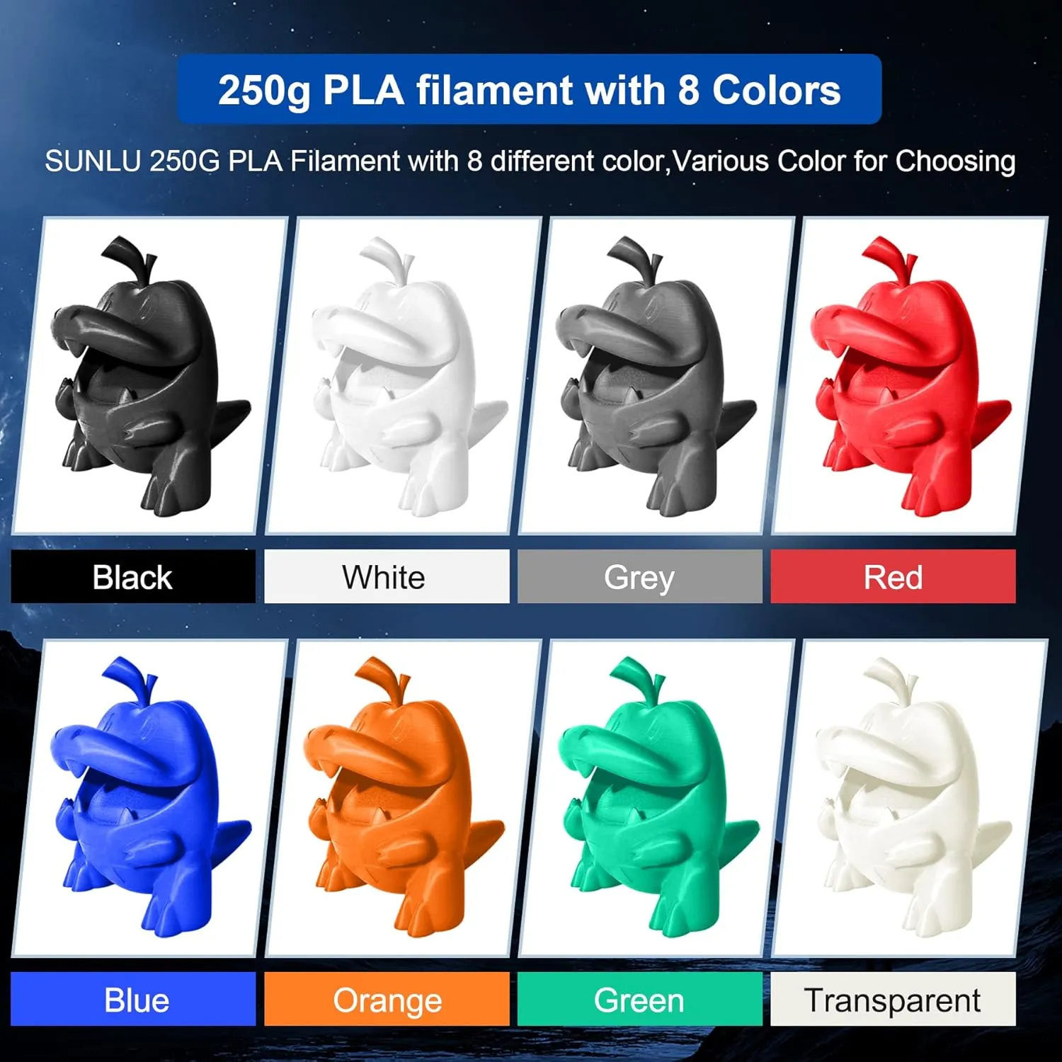SUNLU 250g PLA Filament 1.75mm Bundle,3D Printer Filament Bundle Multicolor, Neatly Wound PLA Filament, Individually Vacuum Packed,250g Spool,8 Rolls,Black White Grey Transparent Red Blue Orange Green