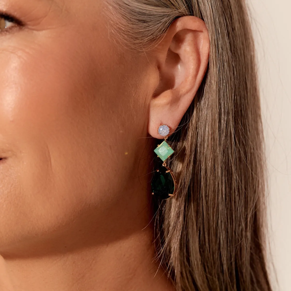Trinny Trio Jewel Drop Earrings (Green)