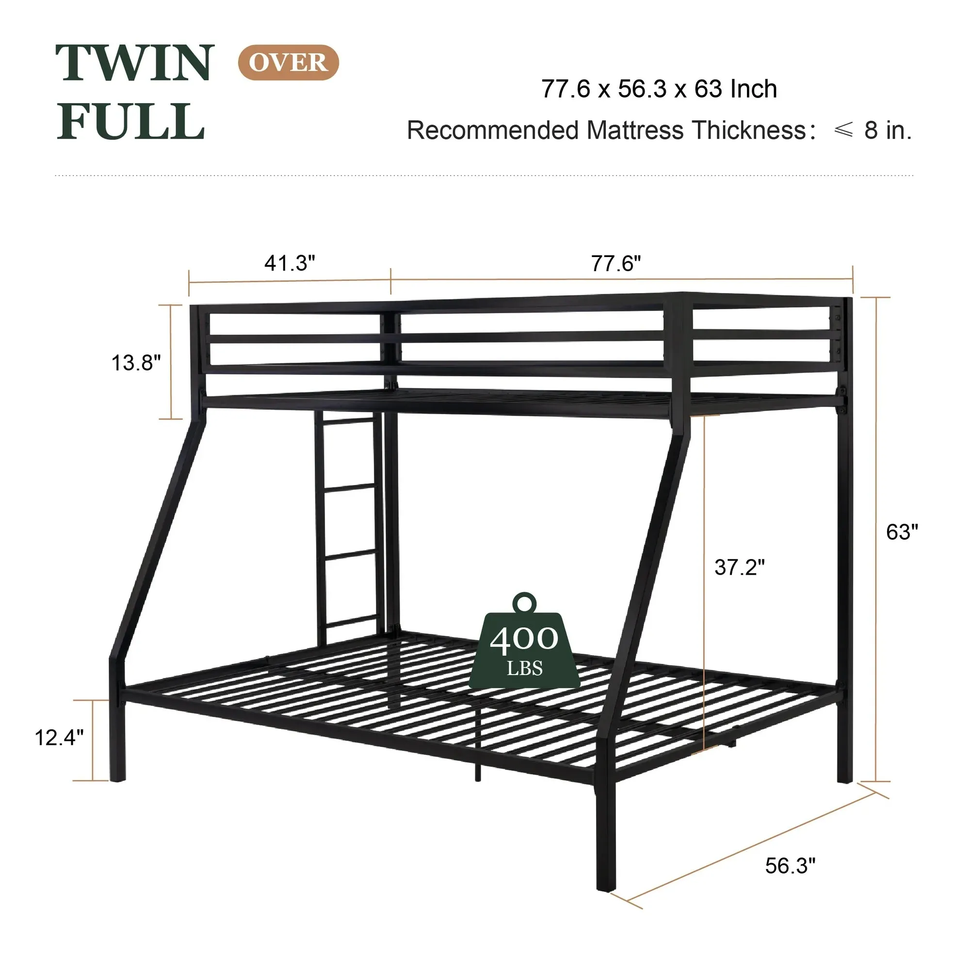 Twin Over Full Metal Bunk Bed with Removable Ladder  Space-Saving Design