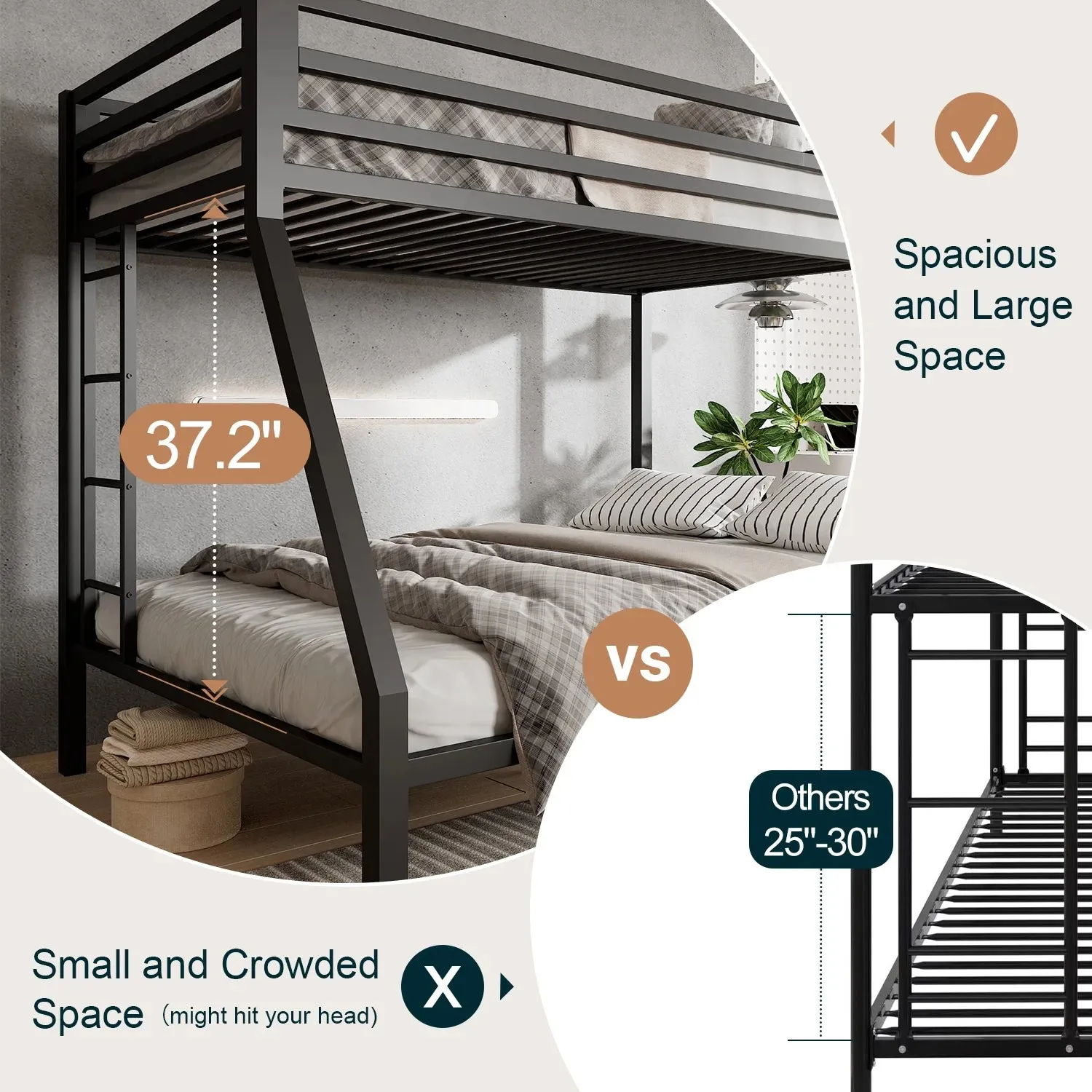 Twin Over Full Metal Bunk Bed with Removable Ladder  Space-Saving Design