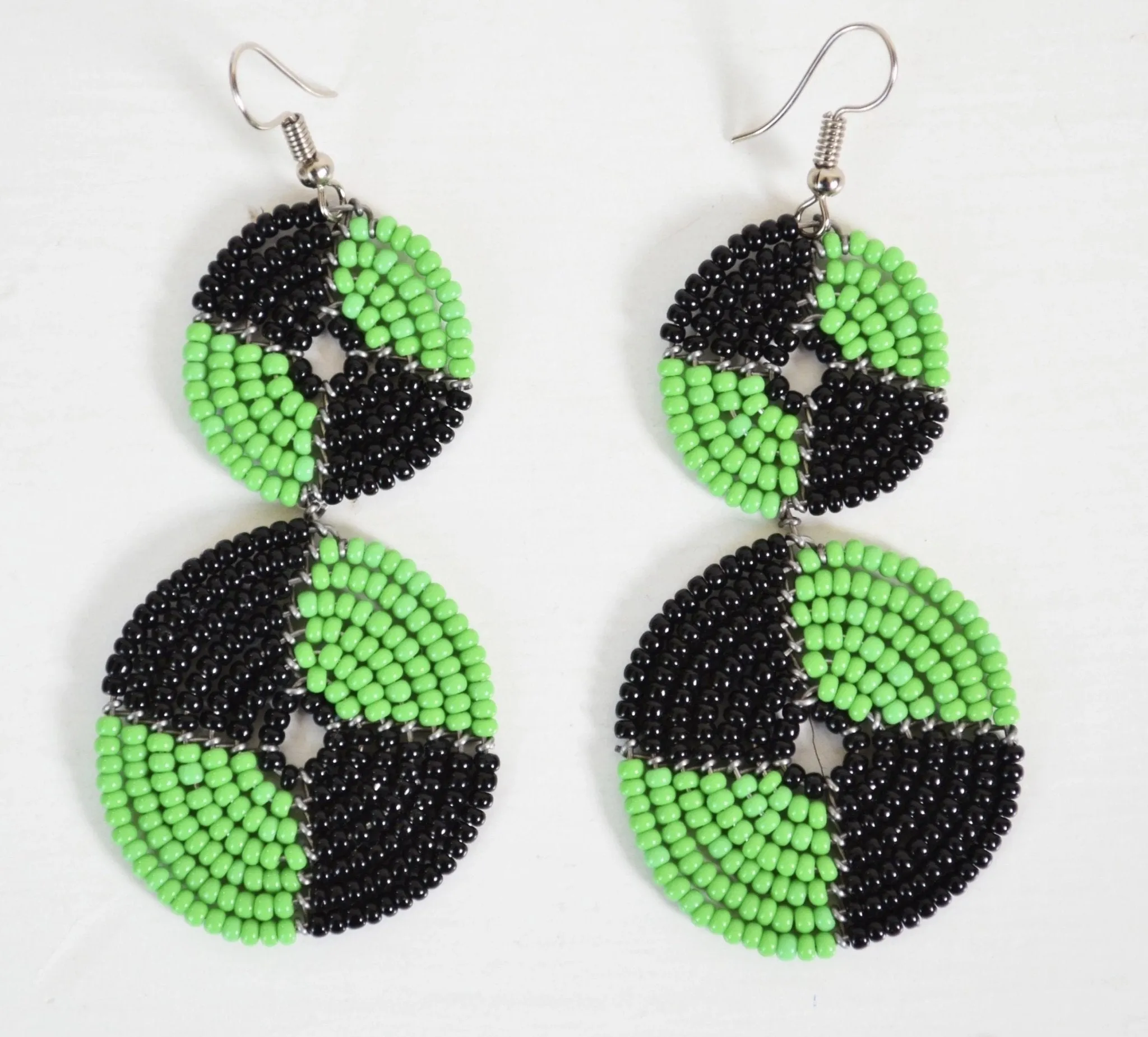 Two-Tone African Hoop Beaded Earrings (Black & Green)