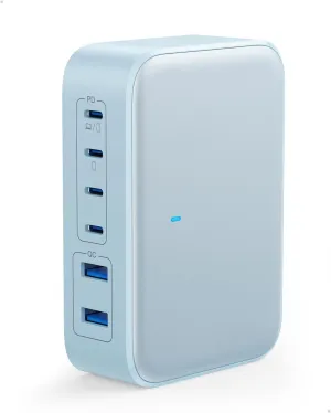 USB C Charger 200W USB C Charging Block,6 Ports GaN IV Foldable Wall Charger,QC4.0 Fast Charging Station Hub,PD 65W Laptop Charger for MacBook Pro/Air,Dell,iPhone 16/15,iPad,Galaxy (Light Blue)