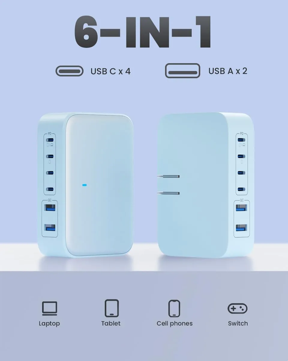 USB C Charger 200W USB C Charging Block,6 Ports GaN IV Foldable Wall Charger,QC4.0 Fast Charging Station Hub,PD 65W Laptop Charger for MacBook Pro/Air,Dell,iPhone 16/15,iPad,Galaxy (Light Blue)