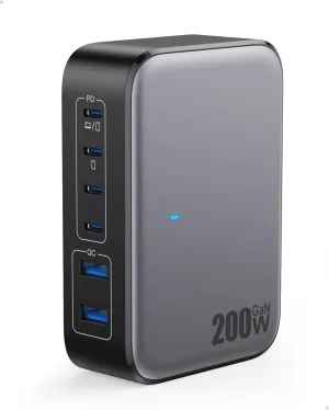 USB C Charger 200W USB Charging Block,6 Ports GaN IV Foldable Wall Charger Outlet Plug,QC4.0 Fast Charging Station Hub,PD 65W Laptop Adapter for MacBook Pro/Air,Dell,iPhone 16/15,Galaxy,Steam Deck