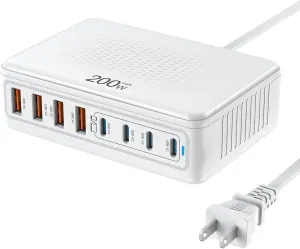 USB C Charger Block 200W, GaN USB Charging Station Hub 8-Port, PD 65W Laptop Fast Charger Power Adapter Compatible with MacBook Pro/Air,Dell,iPad,iPhone 16/15,S23/S24 Steam Deck etc