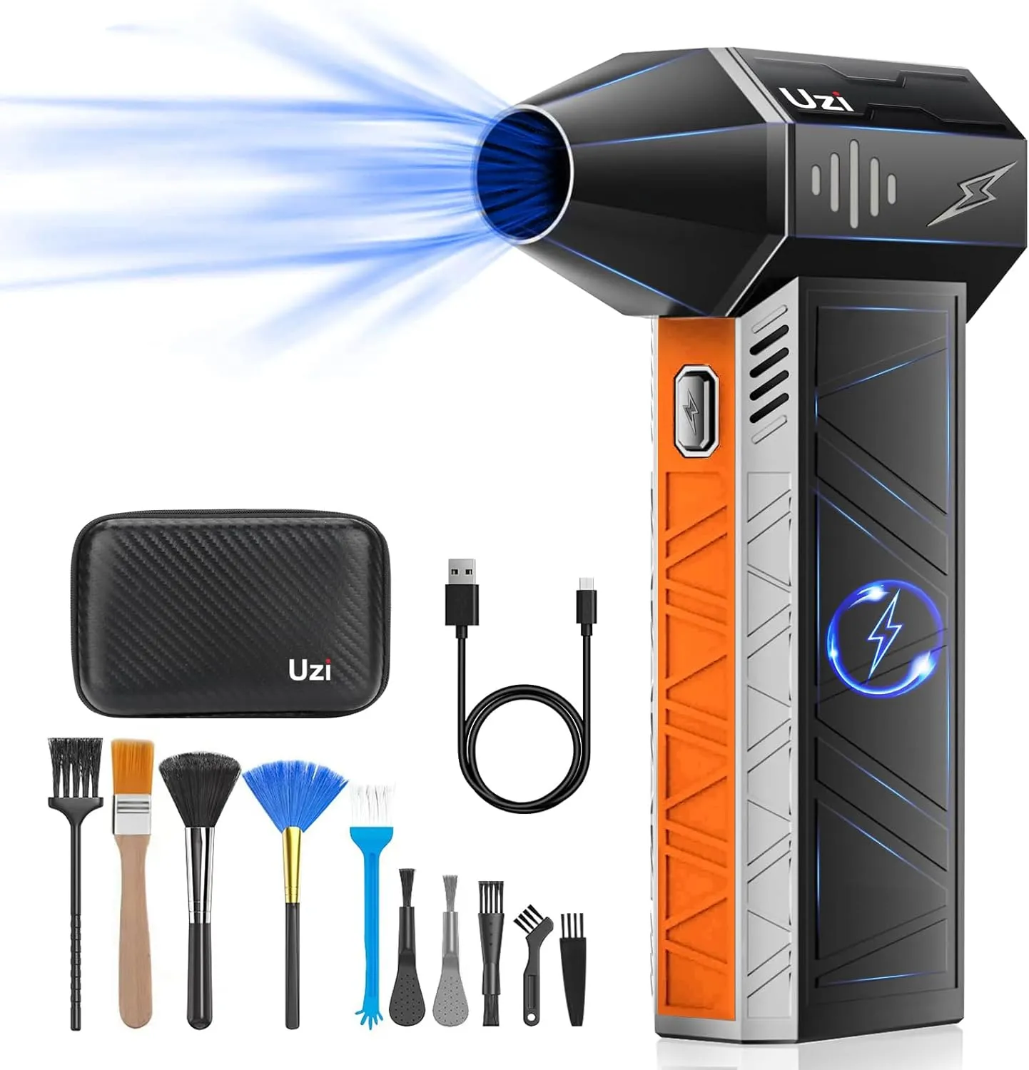 UZI Compressed Air Duster 150000RPM Electric Air Duster for Cleaning PC&Keyboard, 4 Speeds Adjustable Rechargeable Cordless Jet Dry Blower Air Blower for Home and Car,Outdoors,etc(Black Orange)