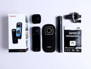 V2-360 Action Camera Kit with 3.0" Touchscreen-5.7K 360 Video, 1/2" 48MP Sensors, 72MP 360 Photo, Multi-Platform 4K 360 HDR Live Streaming, Stabilization, AI Editing