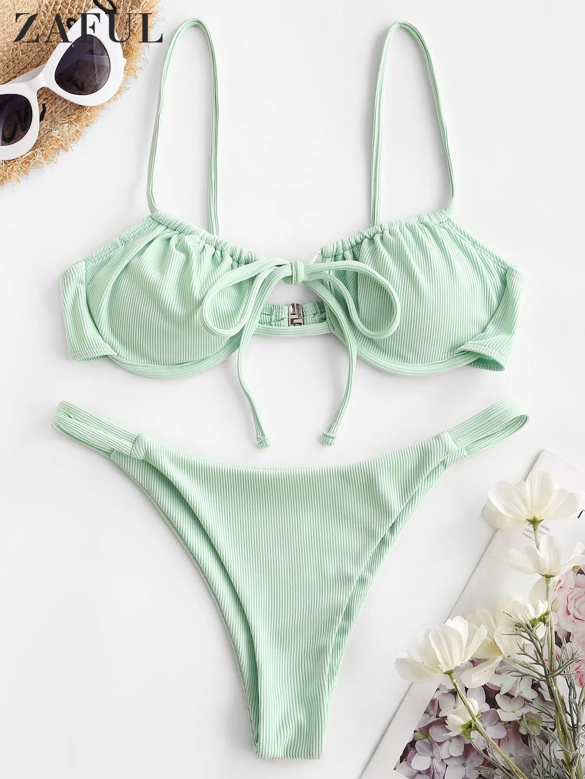 VenusFox Ribbed Tie Push Up Bikini Set Women Underwire Padded Bandage Swimwear Summer Sexy Cutout Female Beachwear Bathing Suit