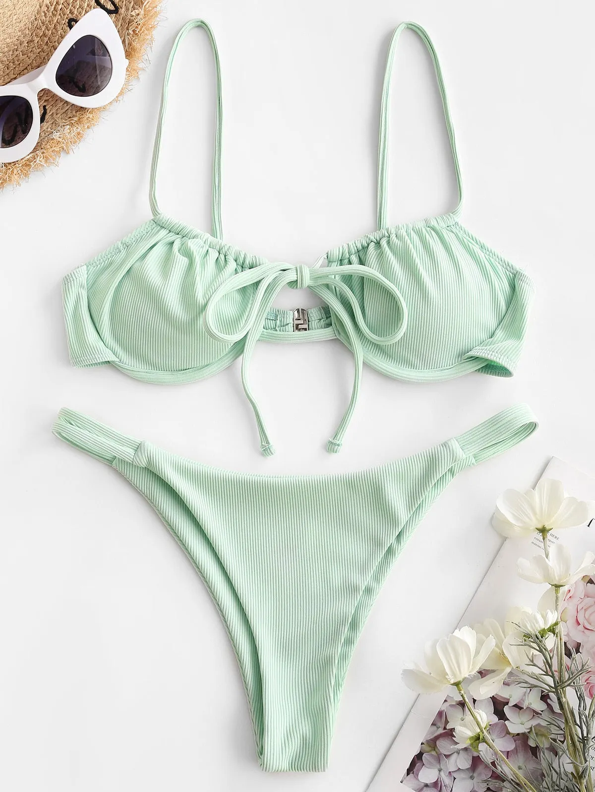 VenusFox Ribbed Tie Push Up Bikini Set Women Underwire Padded Bandage Swimwear Summer Sexy Cutout Female Beachwear Bathing Suit