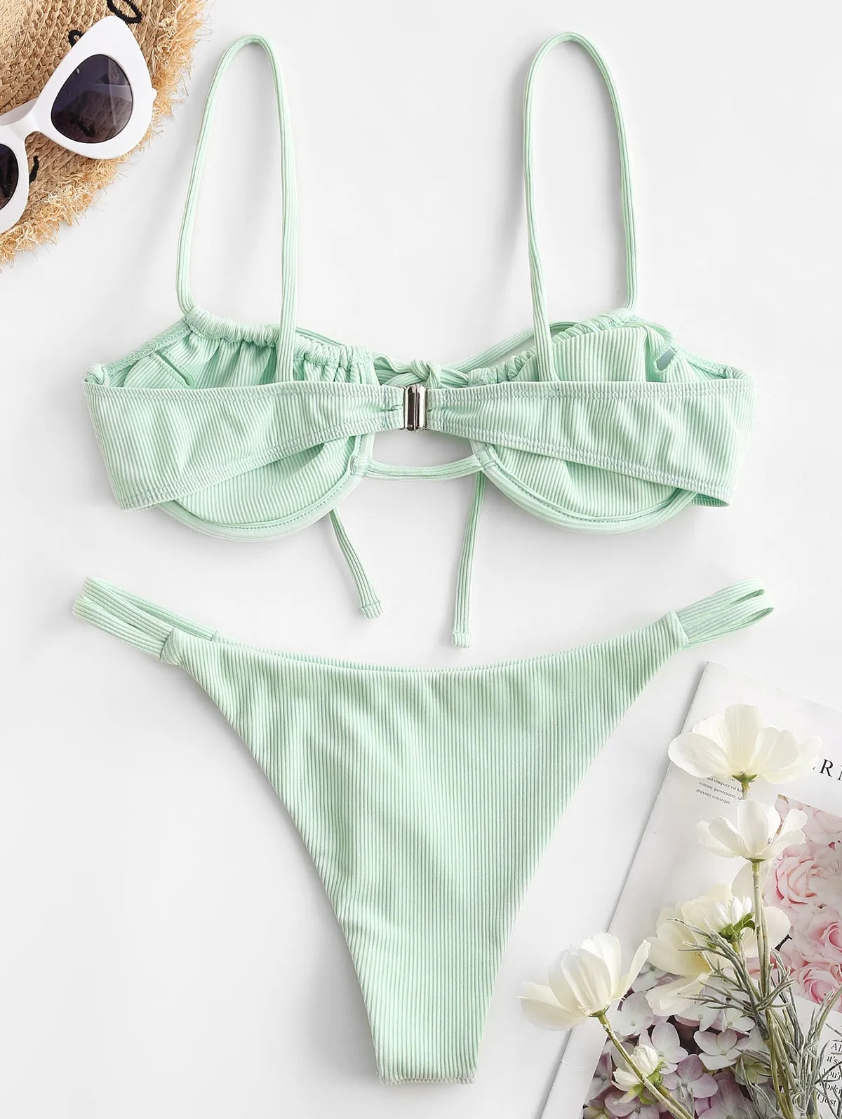 VenusFox Ribbed Tie Push Up Bikini Set Women Underwire Padded Bandage Swimwear Summer Sexy Cutout Female Beachwear Bathing Suit