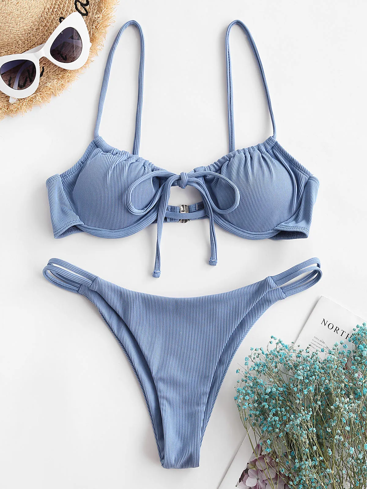 VenusFox Ribbed Tie Push Up Bikini Set Women Underwire Padded Bandage Swimwear Summer Sexy Cutout Female Beachwear Bathing Suit