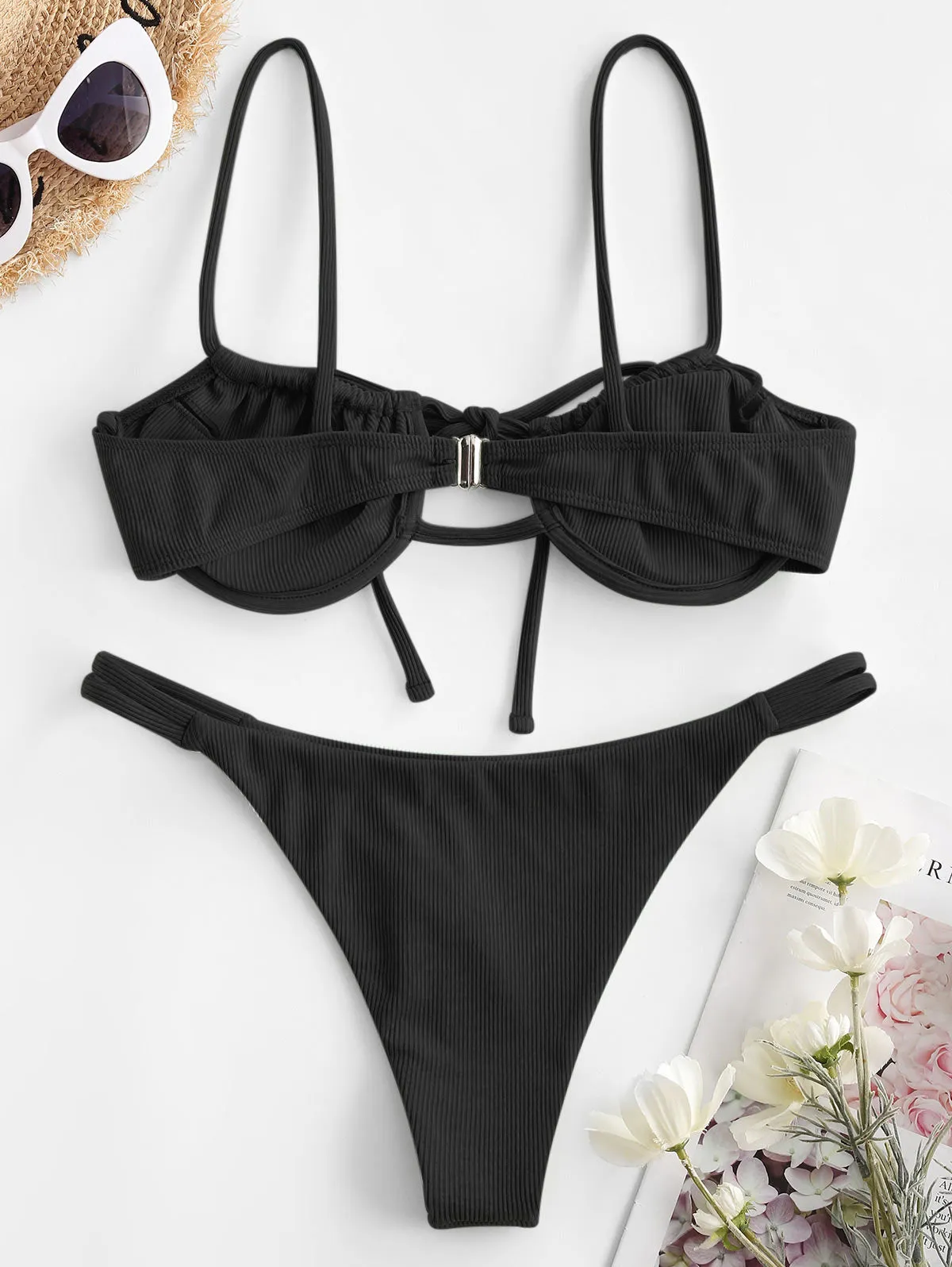 VenusFox Ribbed Tie Push Up Bikini Set Women Underwire Padded Bandage Swimwear Summer Sexy Cutout Female Beachwear Bathing Suit