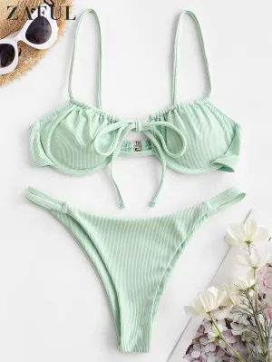 VenusFox Ribbed Tie Push Up Bikini Set Women Underwire Padded Bandage Swimwear Summer Sexy Cutout Female Beachwear Bathing Suit