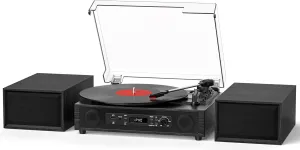 Vinyl Record Player with External Speakers &Built-in Speakers | HiFi Sound 4 2 Speakers | Vintage 3-Speed Bluetooth Record Player with USB/TF Card Recording | 33 45 78RPM Turntable | Black Walnut