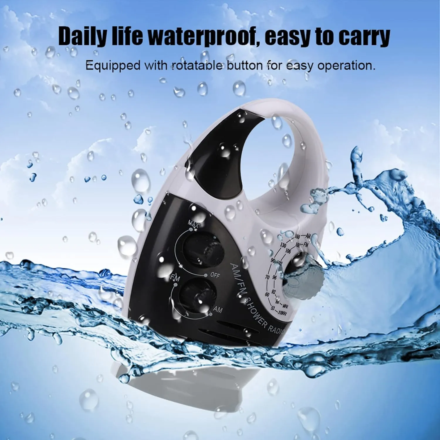 Waterproof Shower Radio, AM/FM Radio with Adjustable Volume Speakers, Battery Powered Portable Speakers with Hook Handle for Shower Rooms Bedside Tables Garages