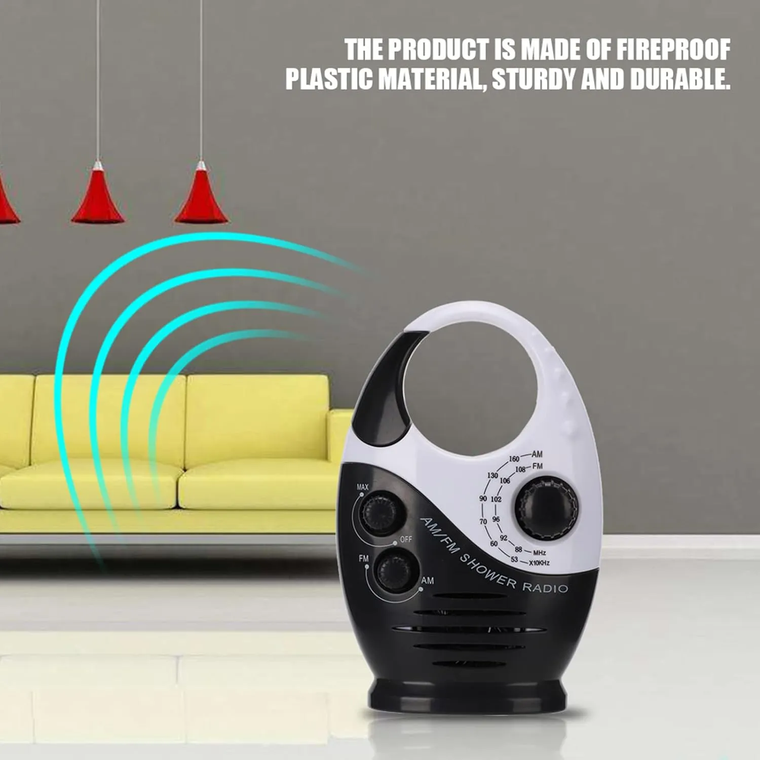 Waterproof Shower Radio, AM/FM Radio with Adjustable Volume Speakers, Battery Powered Portable Speakers with Hook Handle for Shower Rooms Bedside Tables Garages