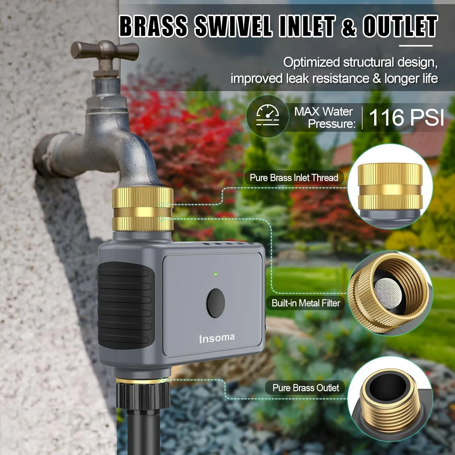 WiFi Hose Timer Brass Inlet & Outlet, Smart Sprinkler Timers with Hub, Water Timer for Garden Hose, APP & Voice Control, Smart Faucet Timers for Lawns Yard Compatible with Alexa & Google Home