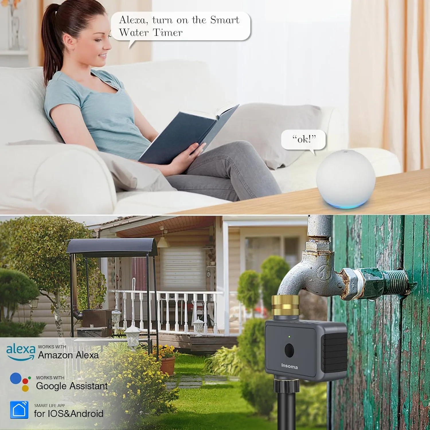 WiFi Hose Timer Brass Inlet & Outlet, Smart Sprinkler Timers with Hub, Water Timer for Garden Hose, APP & Voice Control, Smart Faucet Timers for Lawns Yard Compatible with Alexa & Google Home