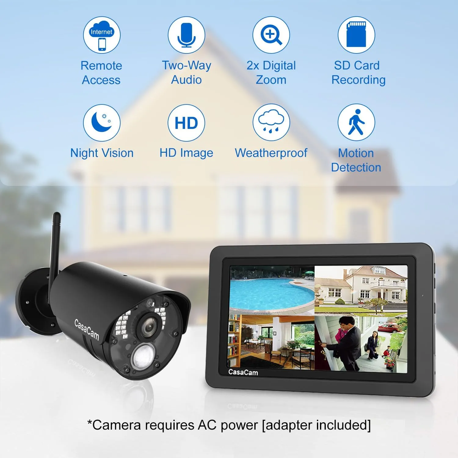 Wireless Security Camera System | 7" Touchscreen Monitor and 2 HD Cameras | AC Powered, Two-Way Audio, Free APP, 32GB SD Card and Battery Installed, Model VS802