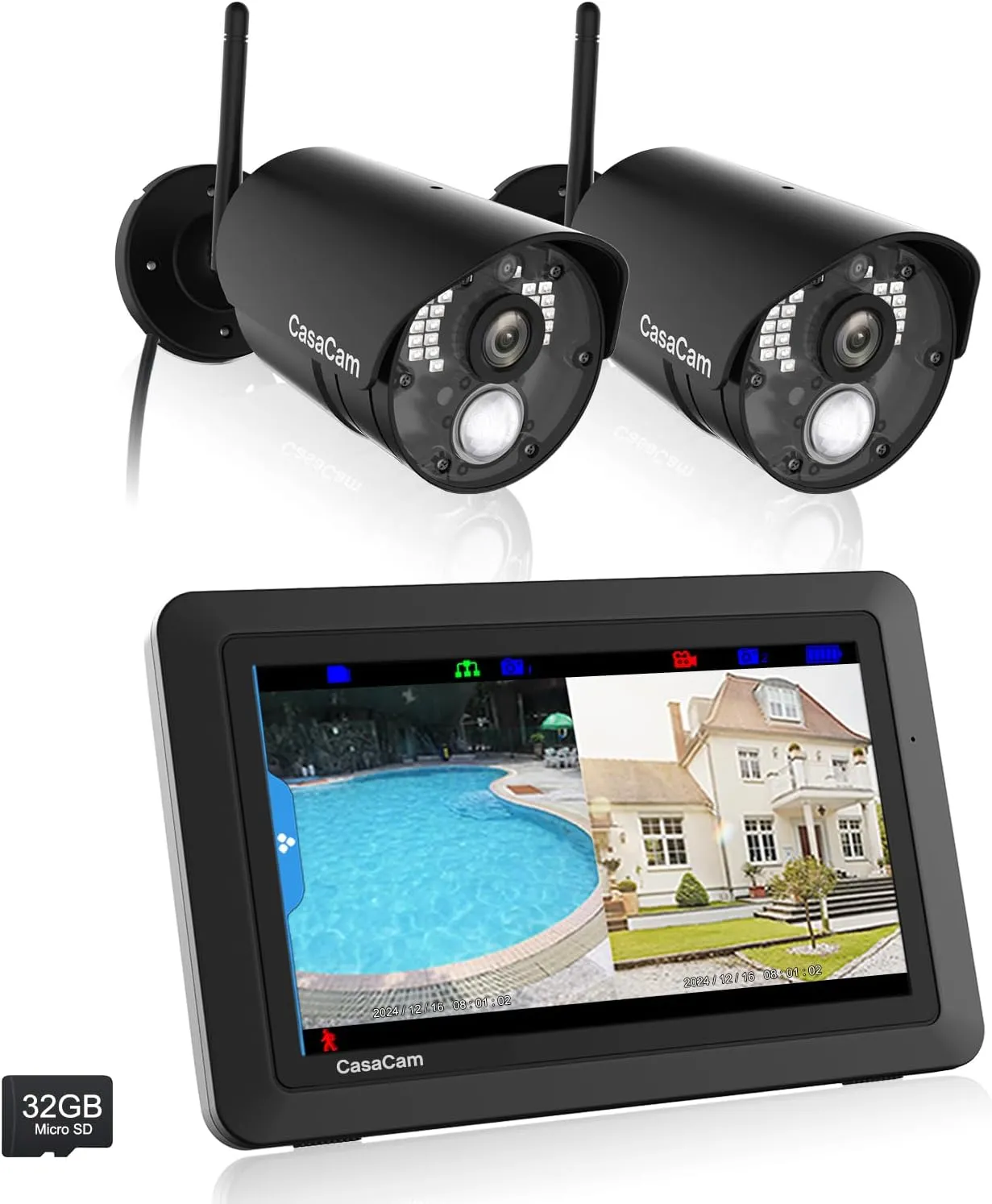 Wireless Security Camera System | 7" Touchscreen Monitor and 2 HD Cameras | AC Powered, Two-Way Audio, Free APP, 32GB SD Card and Battery Installed, Model VS802