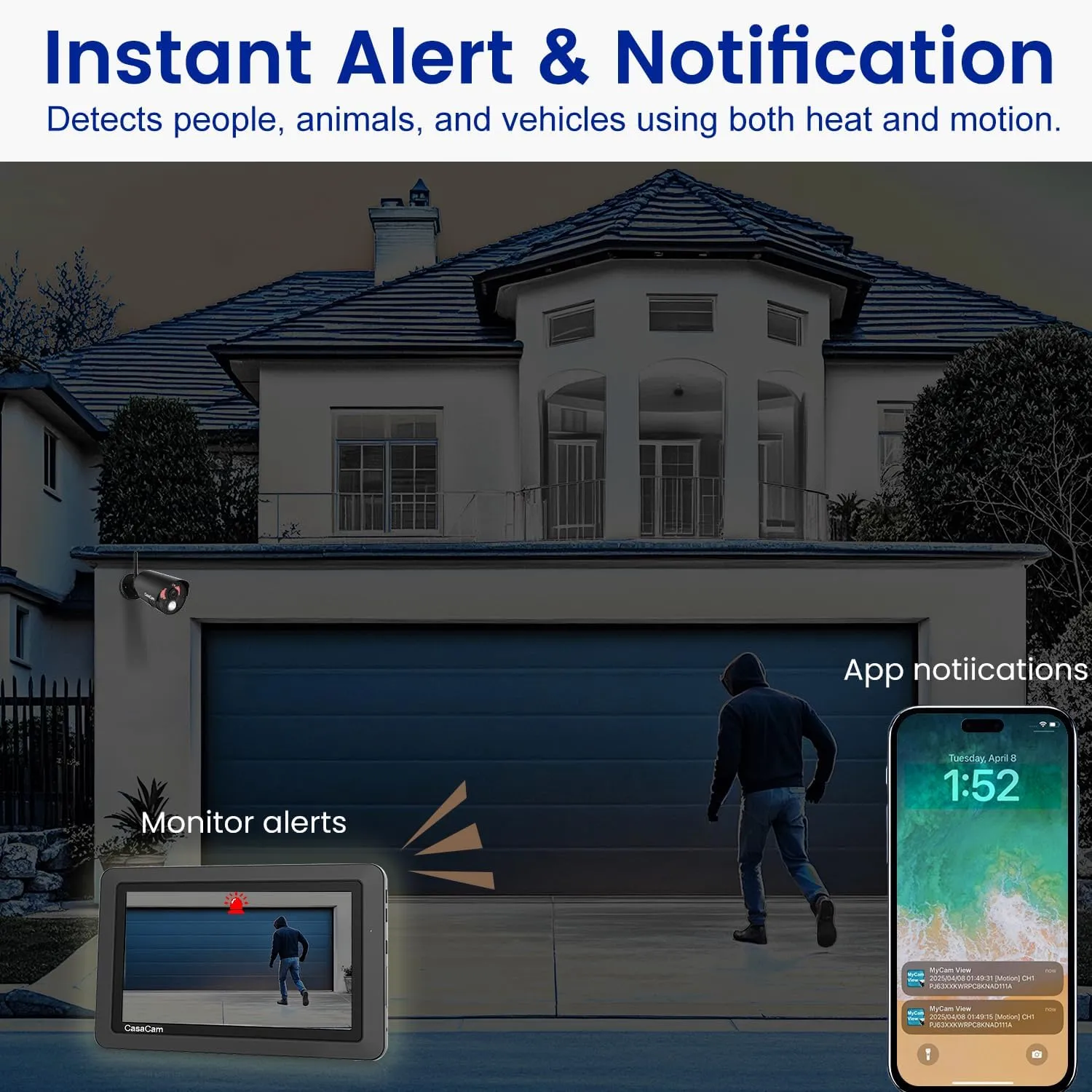 Wireless Security Camera System | 7" Touchscreen Monitor and 2 HD Cameras | AC Powered, Two-Way Audio, Free APP, 32GB SD Card and Battery Installed, Model VS802