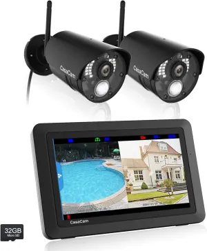Wireless Security Camera System | 7" Touchscreen Monitor and 2 HD Cameras | AC Powered, Two-Way Audio, Free APP, 32GB SD Card and Battery Installed, Model VS802