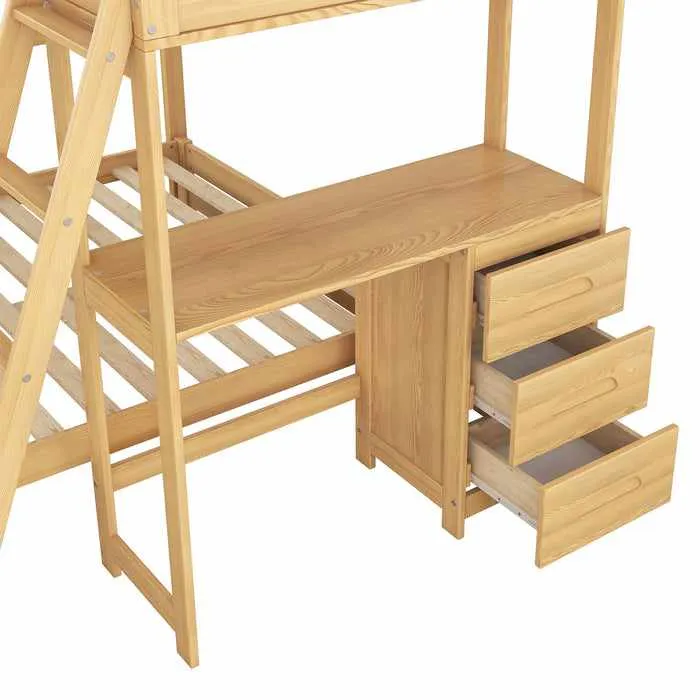 Wooden Twin Over Full Bunk Bed With Desk