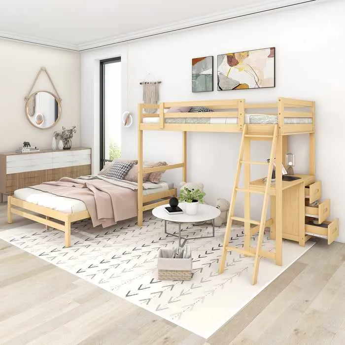 Wooden Twin Over Full Bunk Bed With Desk