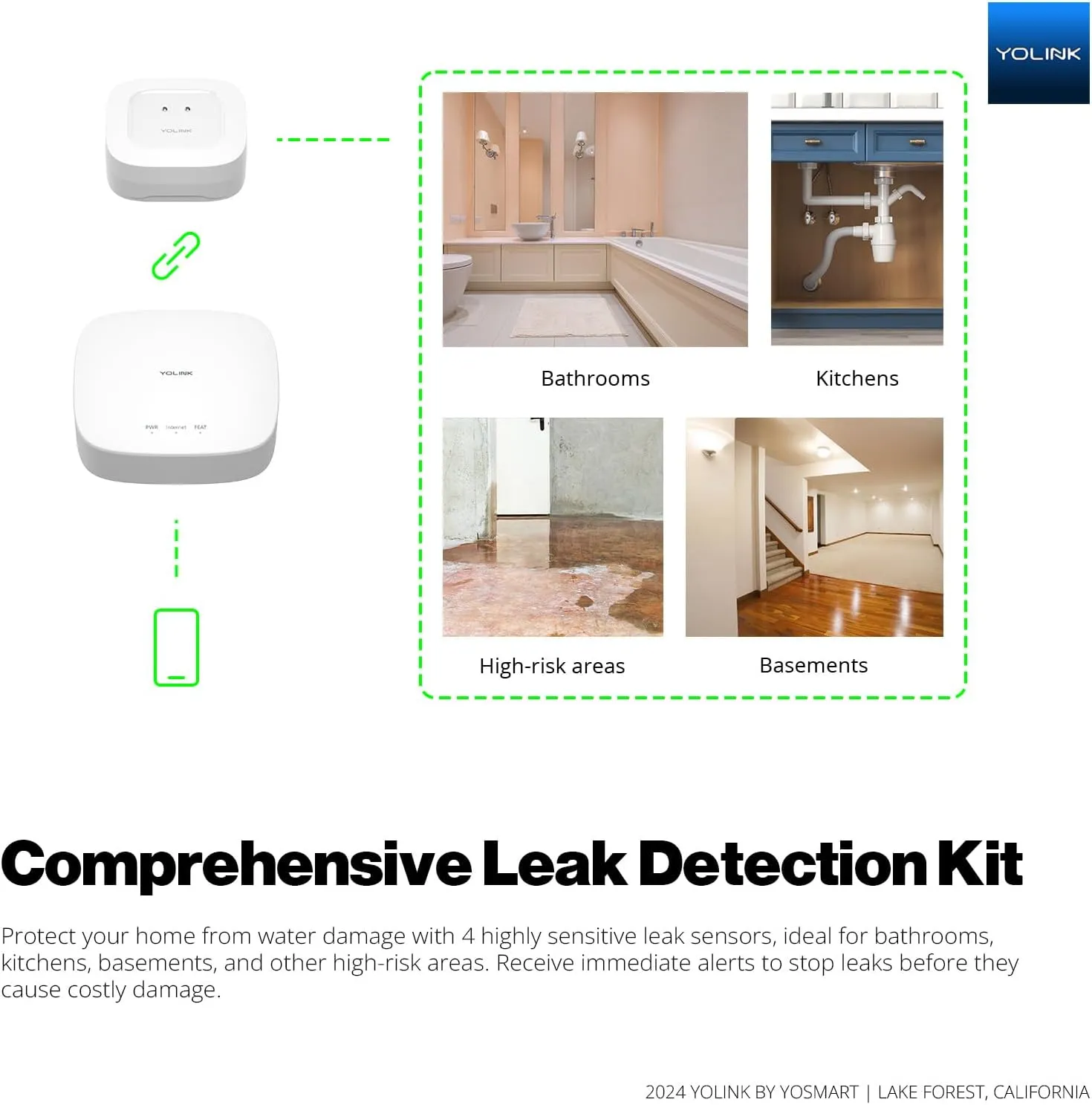 YoLink Smart Home Starter Kit: Hub & Water Leak Sensor 4-Pack, SMS/Text, Email & Push Notifications, LoRa Up to 1/4 Mile Open-Air Range, w/Alexa, IFTTT, Home Assistant