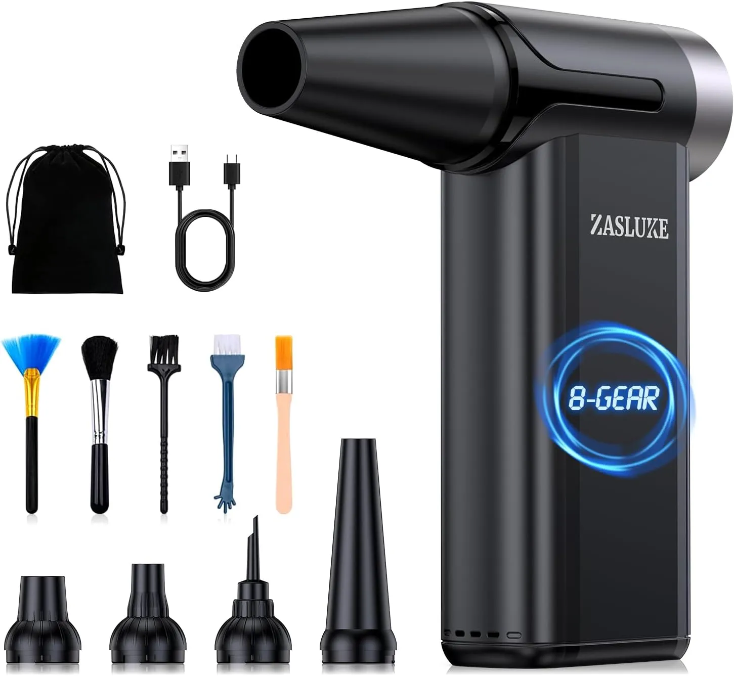 ZasLuke Compressed Air Duster, 8-Gear Adjustable 180000RPM Electric Air Duster, USB-C Rechargeable Dust Blower, Portable Air Blower for Home, Computer, Keyboard, Outdoor, Car and Pet Hair