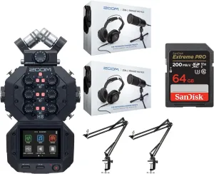 Zoom H8 8-Input/12-Track Portable Handy Recorder Bundle with ZDM-1 Podcast Microphone Pack (2-Pack), Scissor Arms (2-Pack) and 64GB Memory Card (6 Items)