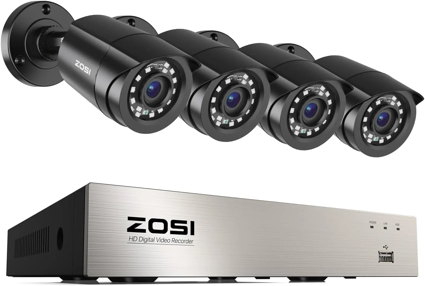ZOSI 3K Lite Security Camera System Indoor Outdoor,AI Human/Vehicle Detection,Night Vision,Remote Access,4pcs 1080P 1920TVL Weatherproof Surveillance Cameras,H.265  8CH CCTV DVR(NO HDD)