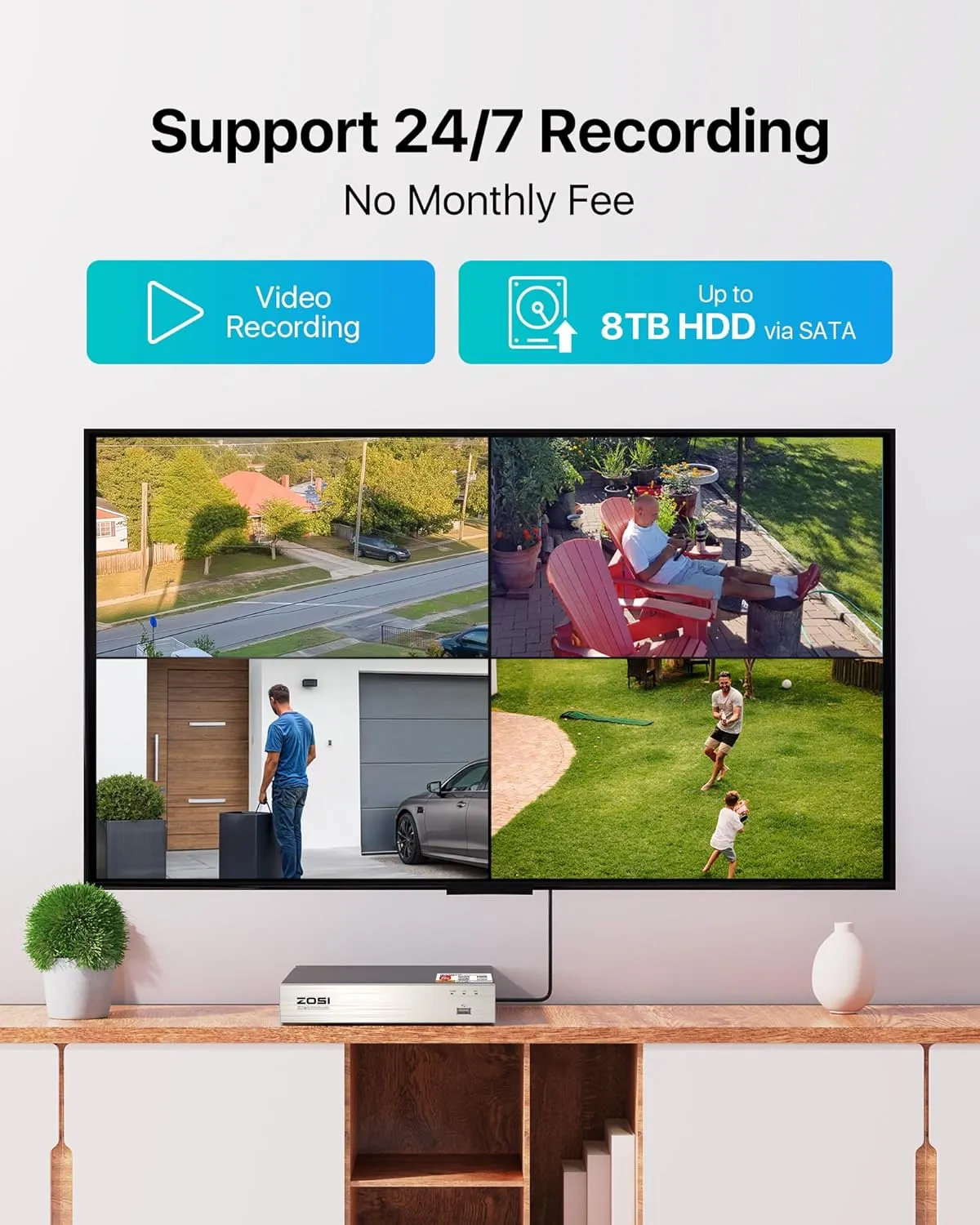 ZOSI 3K Lite Security Camera System Indoor Outdoor,AI Human/Vehicle Detection,Night Vision,Remote Access,4pcs 1080P 1920TVL Weatherproof Surveillance Cameras,H.265  8CH CCTV DVR(NO HDD)