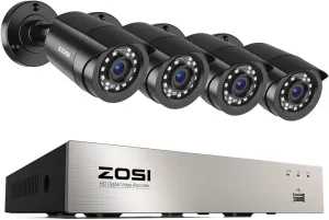 ZOSI 3K Lite Security Camera System Indoor Outdoor,AI Human/Vehicle Detection,Night Vision,Remote Access,4pcs 1080P 1920TVL Weatherproof Surveillance Cameras,H.265  8CH CCTV DVR(NO HDD)